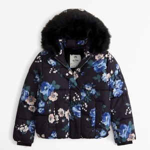 Abercrombie kids Floral Puffer Jacket with Fur Hood